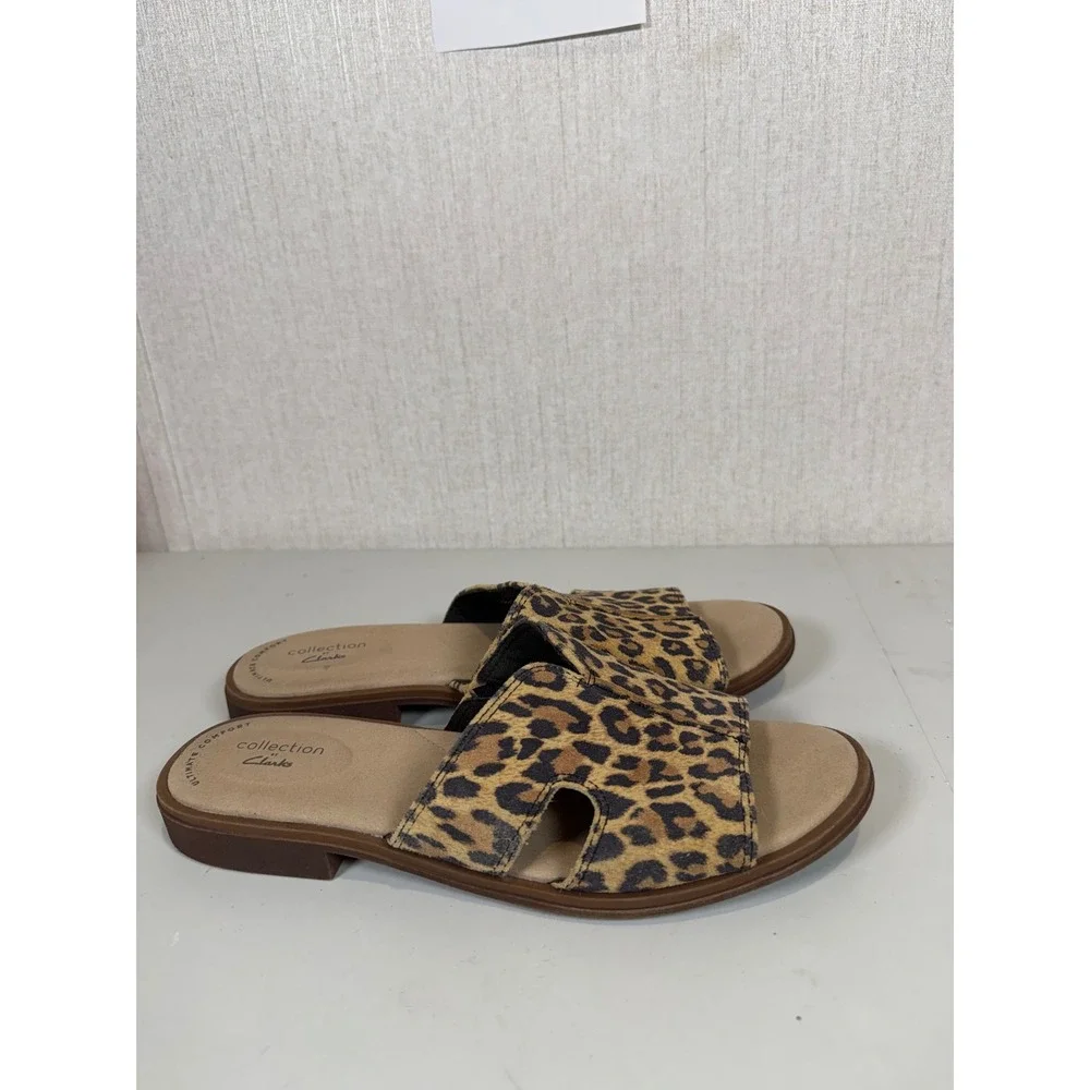 Clarks Declan Flo Leopard Print Flat Slide‎ Sandal Leather 8M